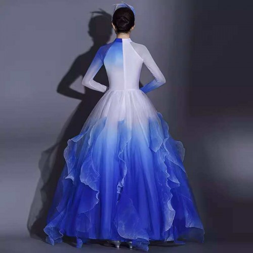 Royal blue flamenco dance dresses for women girls opening dance big swing skirt chinese ancient traditional classical dress Annual meeting dance costumes singing dance tutu